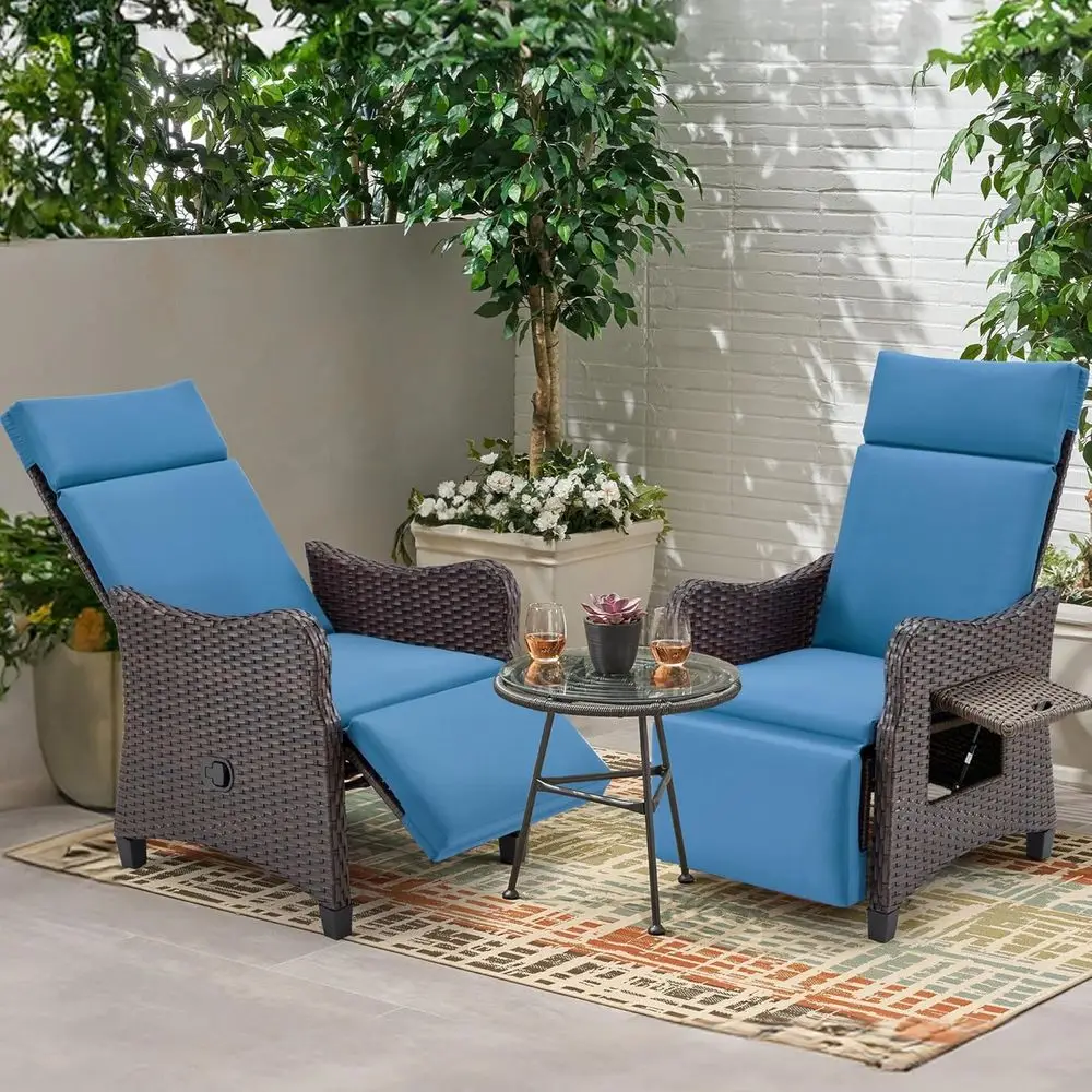 

2-Piece Outdoor Recliner Set with Table, Adjustable Rattan Armchair, Wicker Lounge Chair with Ottoman and Cushion, Navy Blue
