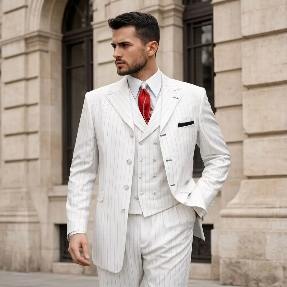 

Vintage White Stripe 3 Piece 1970s Style Wedding Suit for Mens Peak Lapel Double Breasted Formal Groom Prom Office Evening Wear