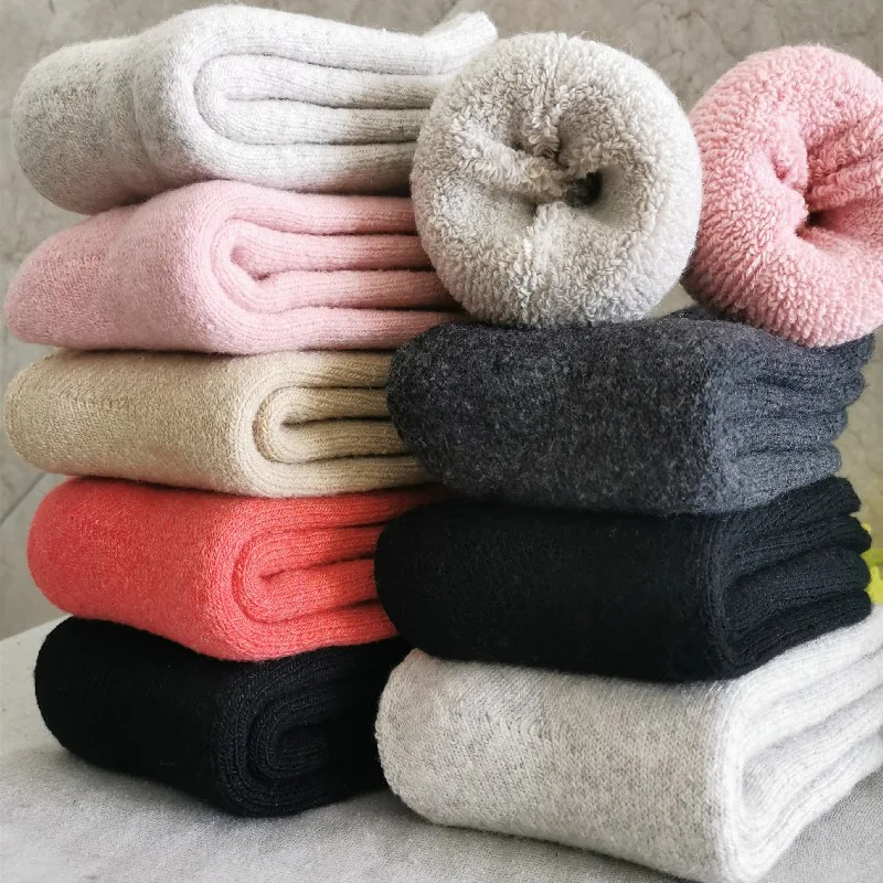 5 Pairs New Winter Warm Socks Super Thicker Wool Women Socks Solid Merino Wool Socks Against Cold Snow Men Terry Sock Size 36-42