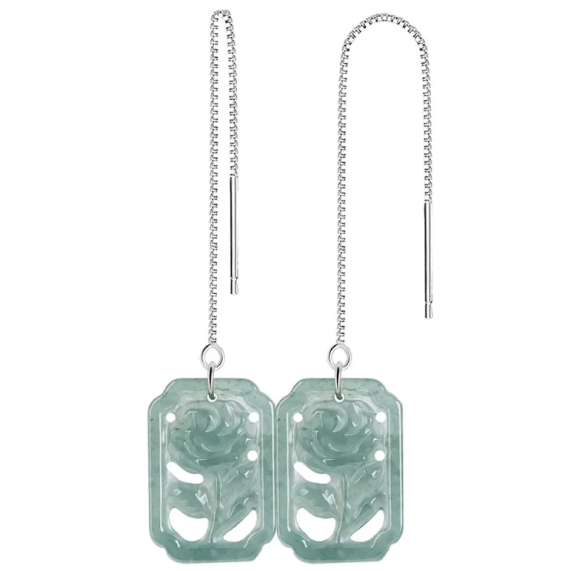 

Real Solid 925 Silver Natural Grade A Jade Jadeite Rose Flower Oblong Chain Earrings
