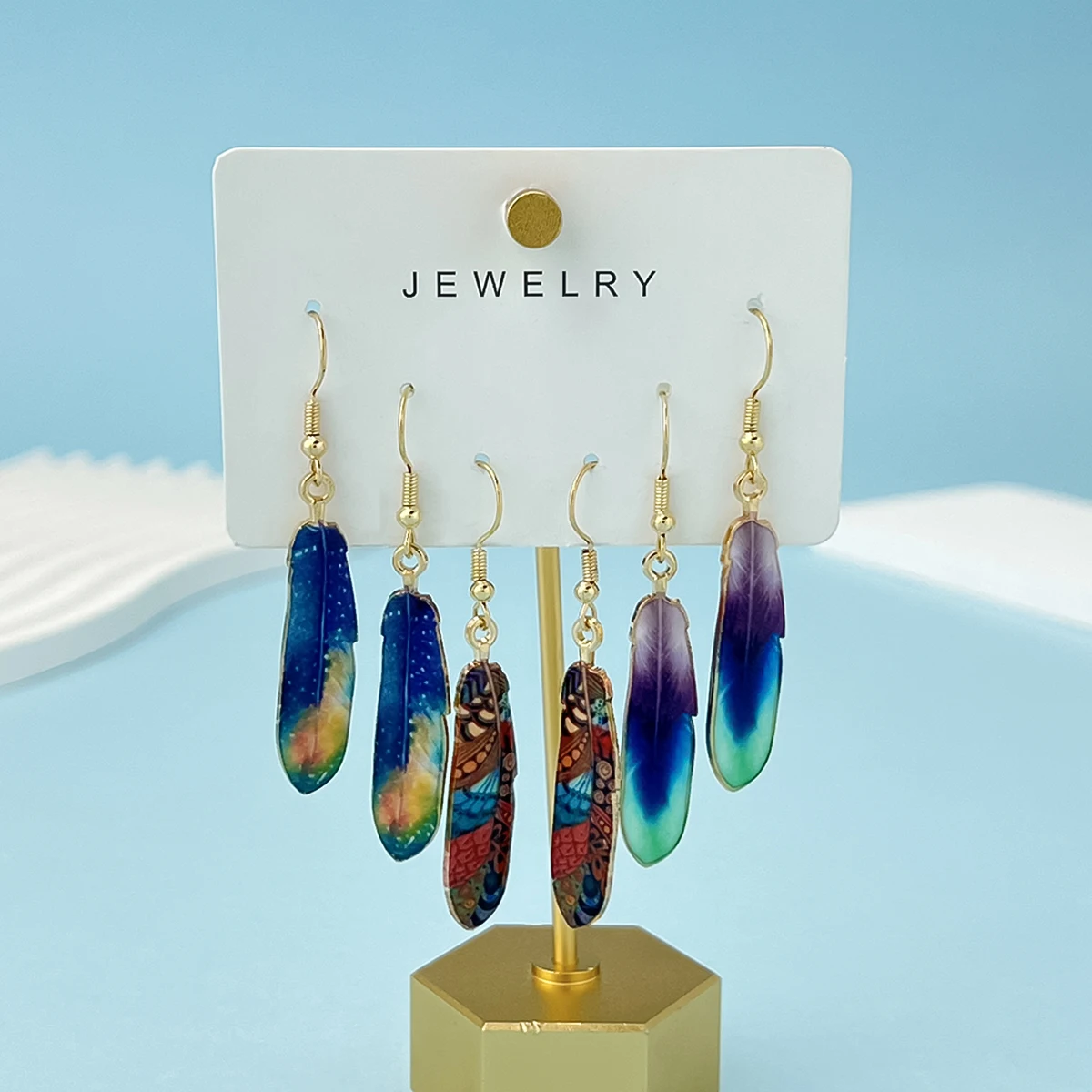 3Pair European and American Style Colored Feather Dangle Earrings Bohemian Style Ear Jewelry Set Trendy Gift For Women Accessory