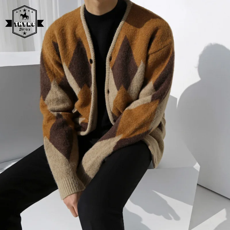 

Korean V-neck Knitted Plaid Sweater Cardigan Men Loose Fashion Harajuku Knit Coats Male Casual Single-breasted Preppy Style Tops