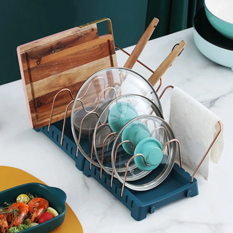 Pan Pot Organizer Holder Cutting Board Pan Pot Cover Adjustable Shelf Kitchen Cookware Spoons Spatula Storage Rack