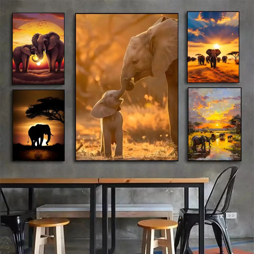 Vintage Elephants Sunset Landscape Wild Elephant Animal Art Poster Perfect Sticker Self Adhesive Art Designed for Home Dining