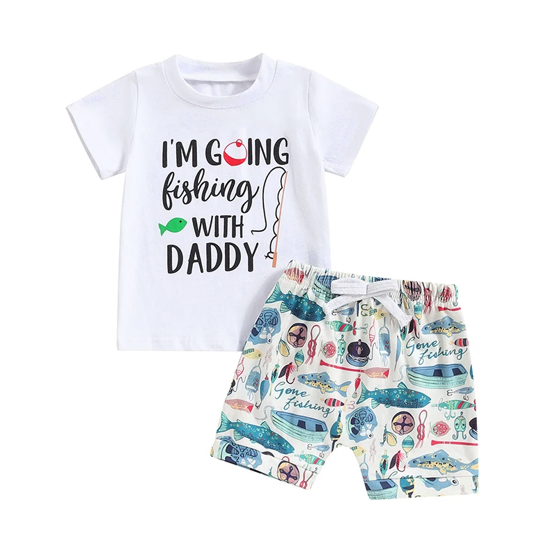 

Toddler Boy Summer Outfit Letter Print Short Sleeve Tops with Elastic Waist Fish Pattern Shorts 2 Pcs Clothes