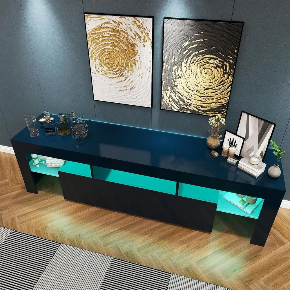 Black TV Stand, 60 65 70 75 inch Wood TV Stand, High Glossy Entertainment Center with Large Ders＆Glass Display Shel, LED ern Med view 3