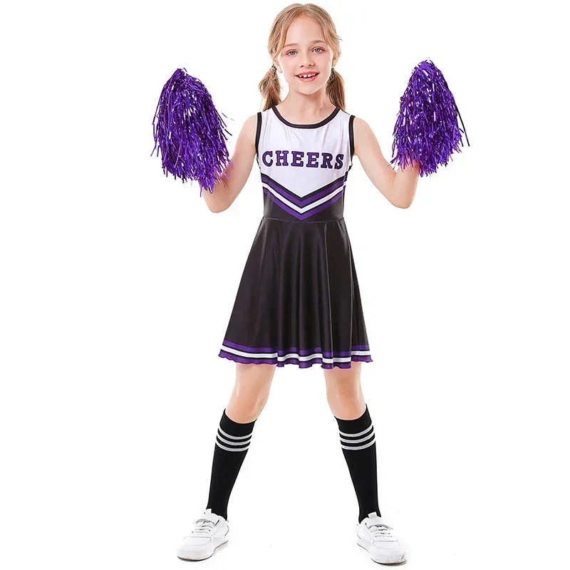 Costume de pom-pom girl pour enfants, uniforme de pom-pom girl, tenue d'écolière de Pourim, robe d'Halloween, pompons, performance sur scène