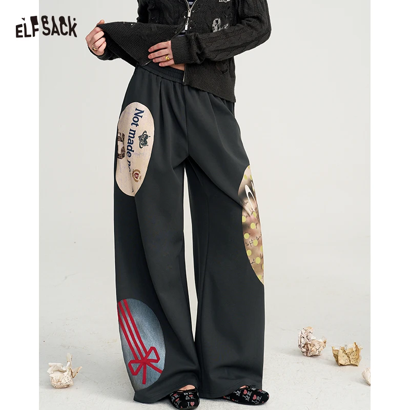 ELFSACK Women's Loose Wide Leg Pants with Text & Number Graphic Print, Casual Style for Everyday Outdoor