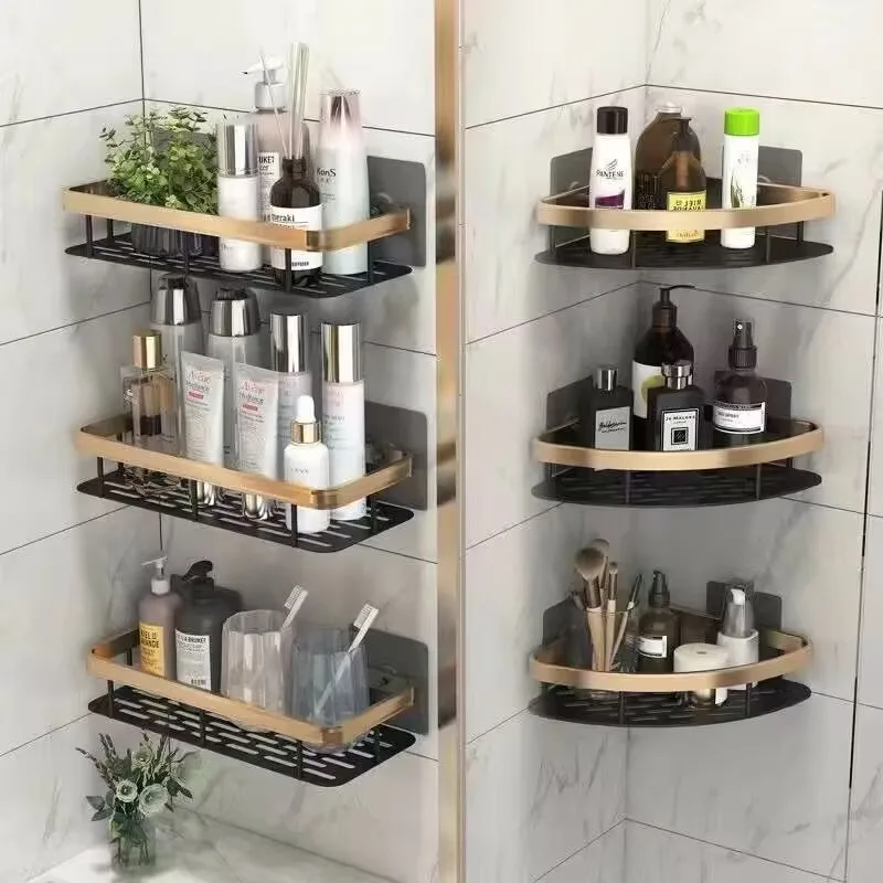 

Bathroom No-Drill Storage Rack Black Gold Organizer Bathroom Rectangular Cosmetic Organizer
