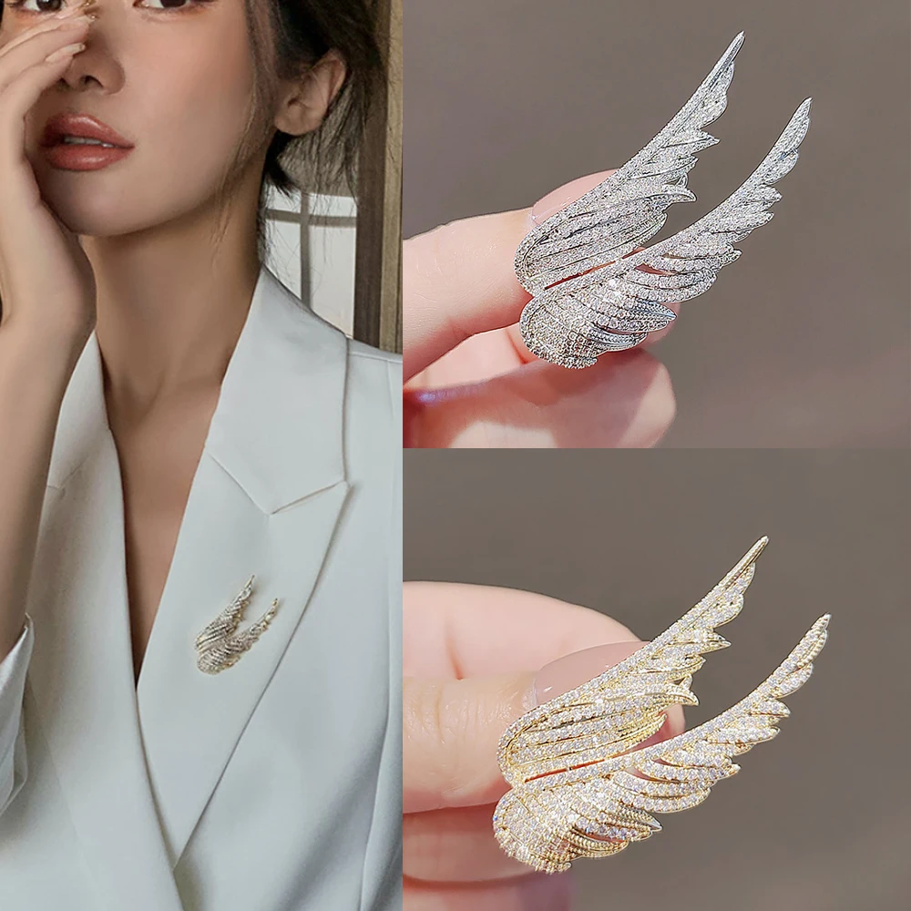 Trendy Sparkling Rhinestone Angel Wings Brooches For Women Men Suit Dress Elegant Feather Brooch Pins Office Party Jewelry Gifts