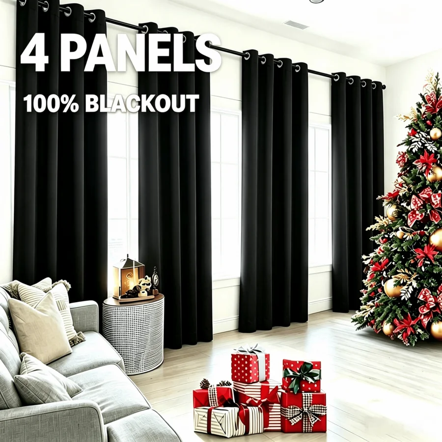 Black 4 Panels Grommet Top Lightweight 100% Blackout Curtains, Waterproof Back Coating Privacy Window Drapes For Bedroom, Living