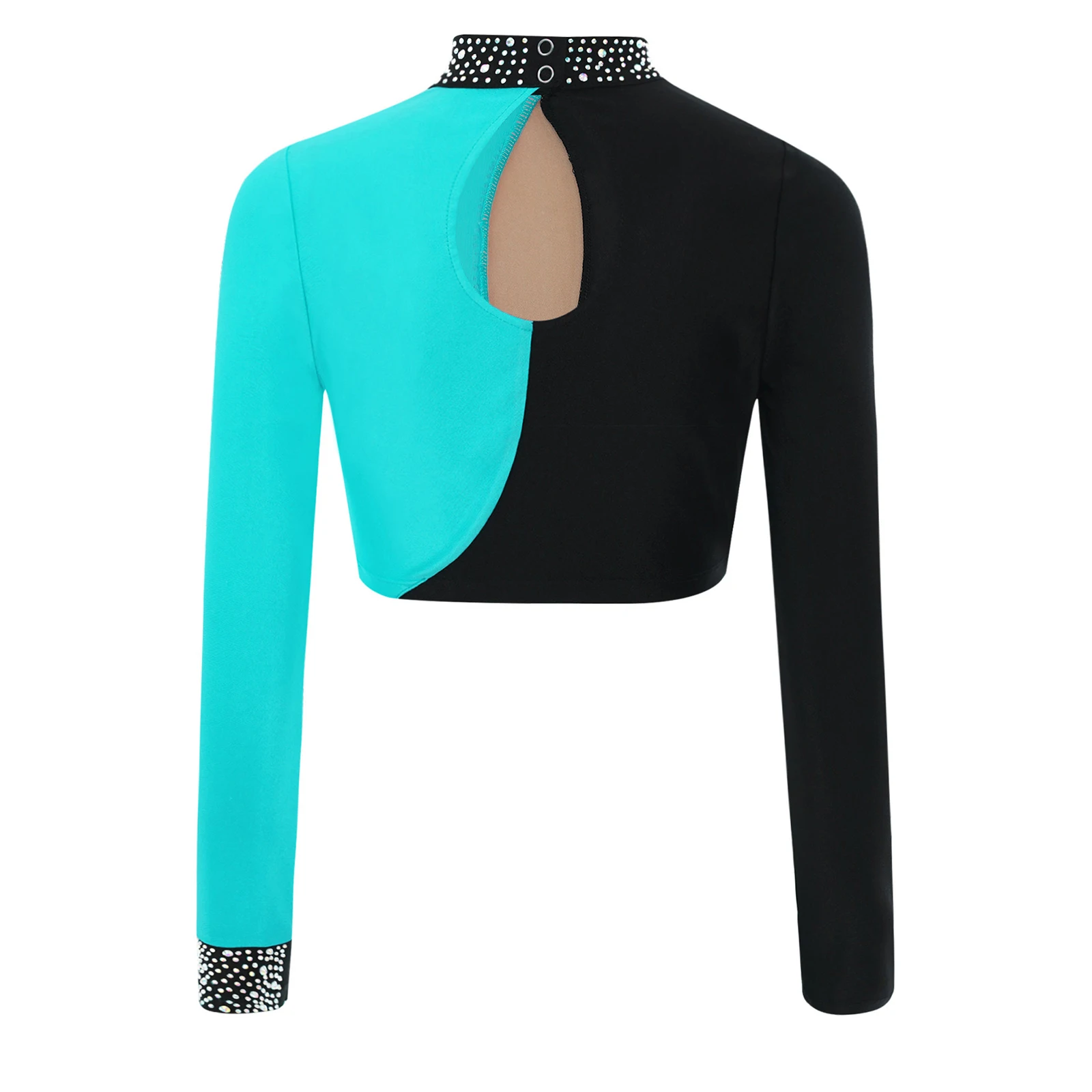 Kids Girls Gymnastics Ballet Dance Top Figure Skating Costume Long Sleeve Keyhole Back Color Block Shiny Rhinestones Crop Top