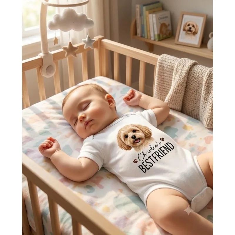 Custom Pet Photo Baby Bodysuit Romper Set with Bow Socks set, Personalized Infant Cotton Onesie, Newborn Gift for Dog Lover