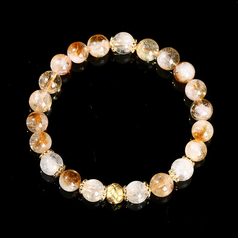 Natural Crystal Stone Golden Quartz Wealth Lucky Bracelts Women Fashion Elegant Round Bead Elastic Bracelet Couple Jewelry Gift