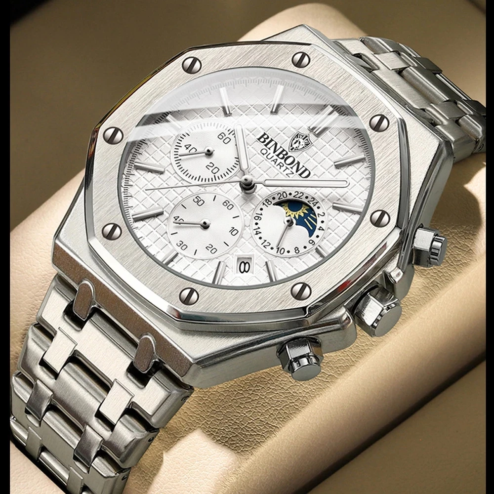 BINBOND 0161 Fashion Men's Quartz Watch, Three-Eye Six-Hand Chronograph, Waterproof Luminous Watch with Calendar