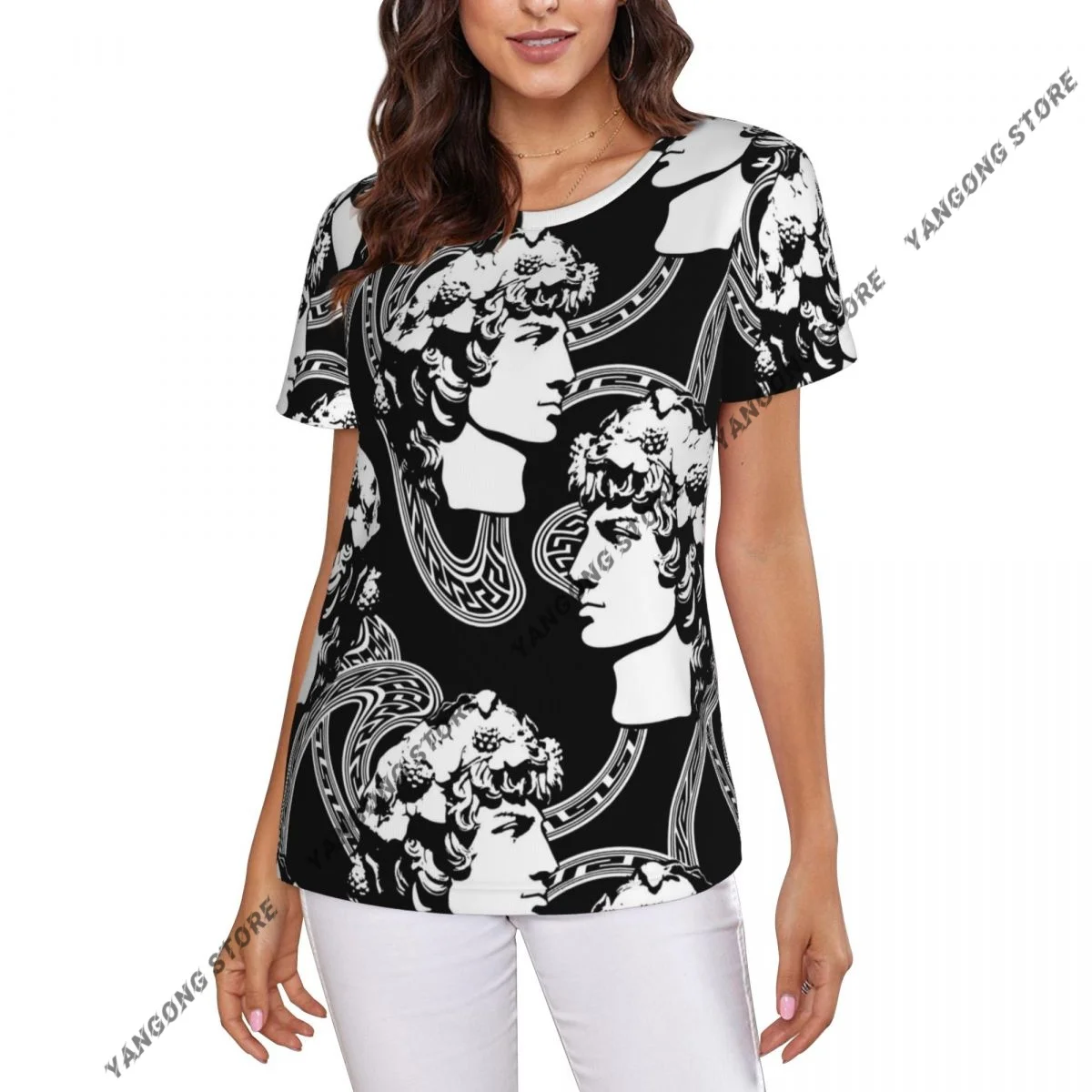 Casual Summer Woman Skinny Fit T-shirt Tight Short-Sleeve O-neck Tee Basic Antinous God Pattern T Shirt