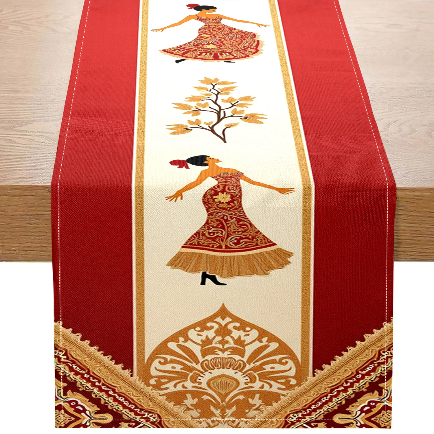 1 Spanish Style Theme Table Runner, Red and White Background with Flower Dancer, Flower Pattern, Suitable for Spanish Culture Festival, and Passion Themed Party