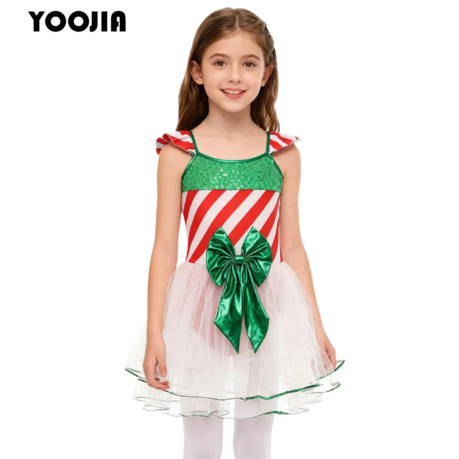 

Girls Christmas Dance Costume Shiny Sequins Bow Candy Cane Ballet Dance Tutu Dress Gymnastic Leotard Princess Dress Xmas Gift