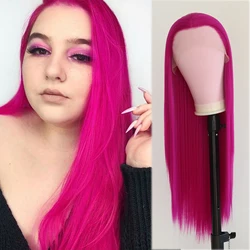 Rose Red Straight Lace Front Synthetic Wigs for Women Glueless High Temperature Fiber Natural Hairline Long Cosplay Wig