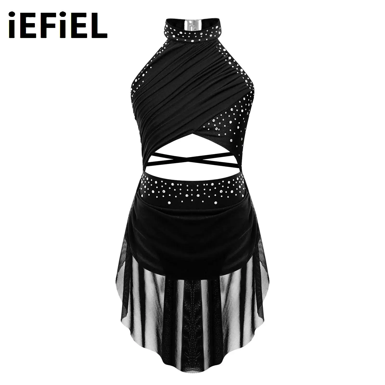 

Kids Girls Lyrical Ballet Dress Glittery Rhinestone Cutout Strappy Backless Leotard Dress Sheer Mesh Overlay Mock Neck Dresses