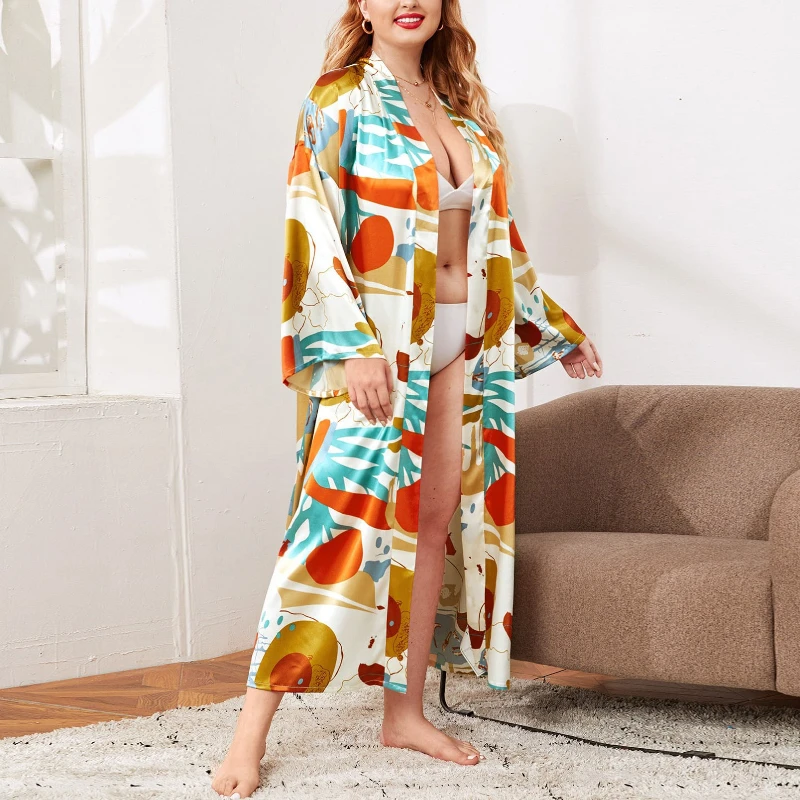 Krismile Plus Size Robes Women 2025 Spring Autumn New Print Home Clothes V Neck Soft Breathable Sleepwear Bathrobe with Belt