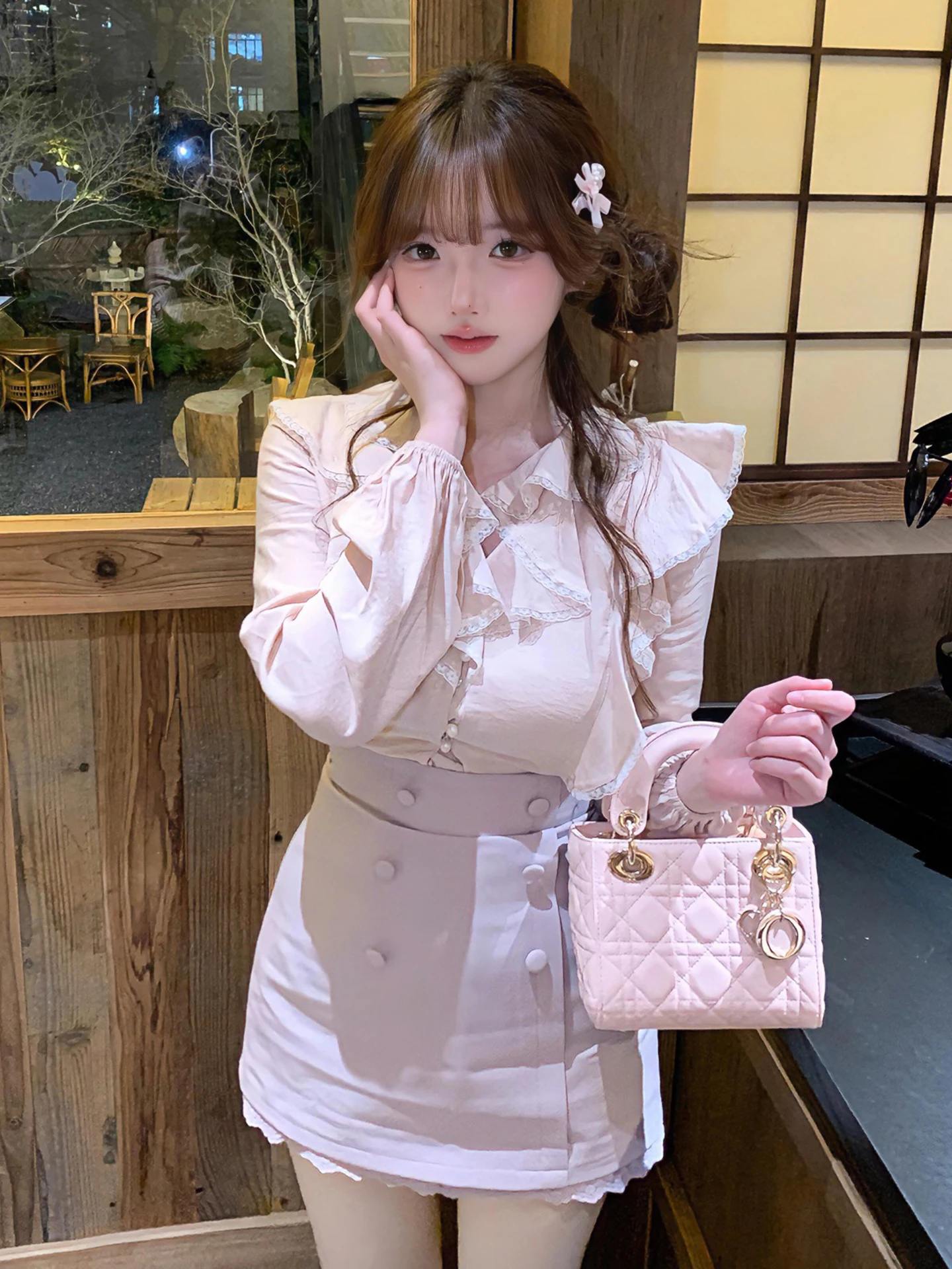 Sweet Girl Spring Early Pink Shirt High Waist Bodycon Skirt Two Piece Set Fashionable Ensemble  Knot Casual Wear