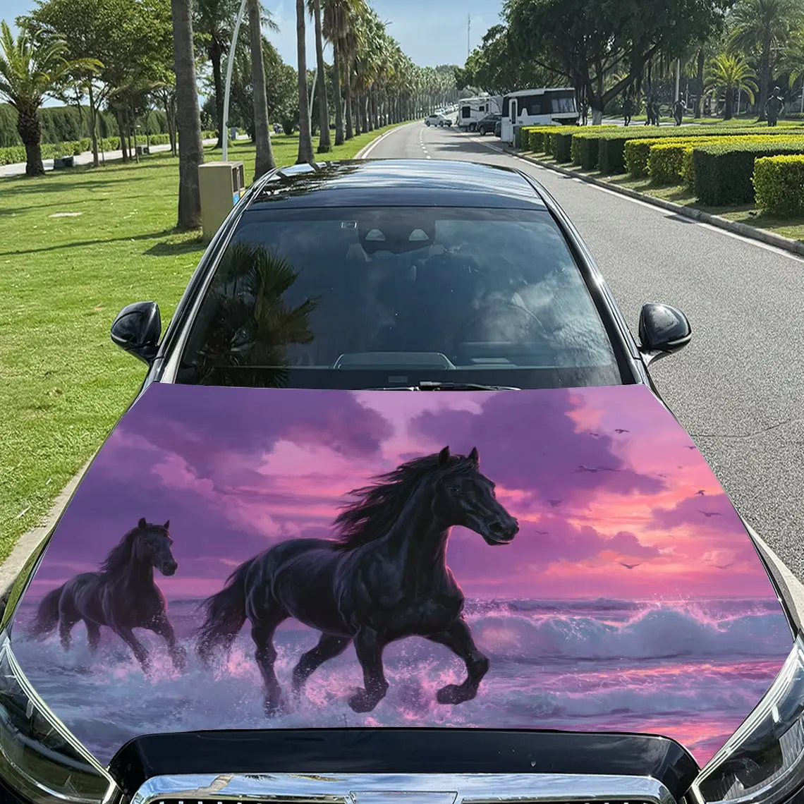 Purple - Haze Fantasy Domain Galloping Horse Print car hood stickers, waterproof self-adhesive, scratch resistant, easy to stick