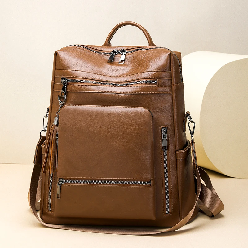 Vintage Leather Look Backpack Set Multi Function Solid Color PU Large Capacity Multi Pocket Adjustable Strap for Daily Sac A Dos