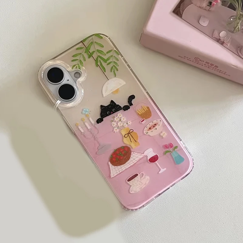 Ins Girl Cute Dining Table Little Black Cat Cartoon Phone Case For iPhone 17 16 15 14 13 12 11 Pro Max Y2K Creative Black Cover - view 2