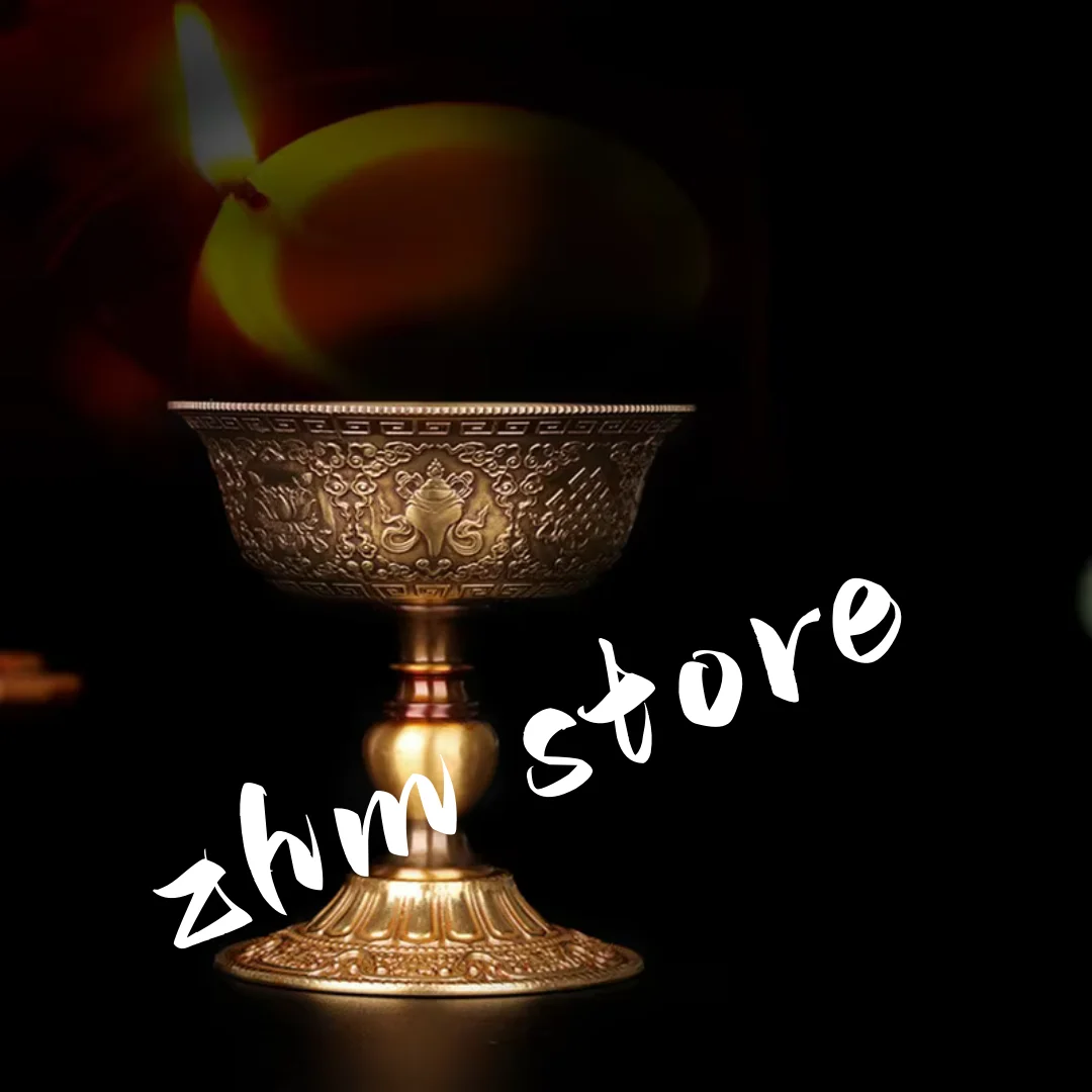 

8.8cm Pure Copper Exquisite Carving Buddhist Eight Auspicious Symbol Plating Long Life Butter Lamp Base for Temple Decorations