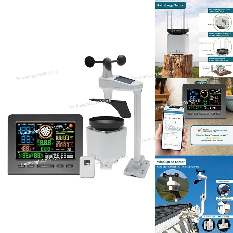 5-In-1 Wi-Fi Weather Station Display &Wind Speed And Direction Rainfall Weather Forecasts Temperature Humidity