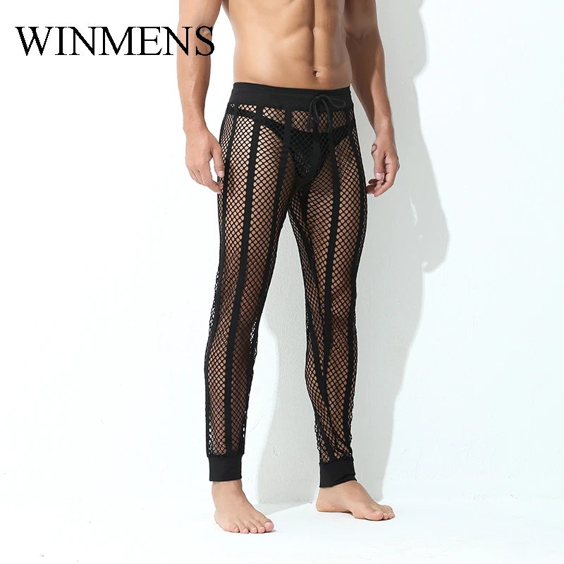 Erwachsene Herren Pyjamahose Ausschnitte Fischnetz Atmungsaktive Schlafhose Mesh Sehen Sie innen Sexy Fitness Bodybuilding Home Lounge Wear