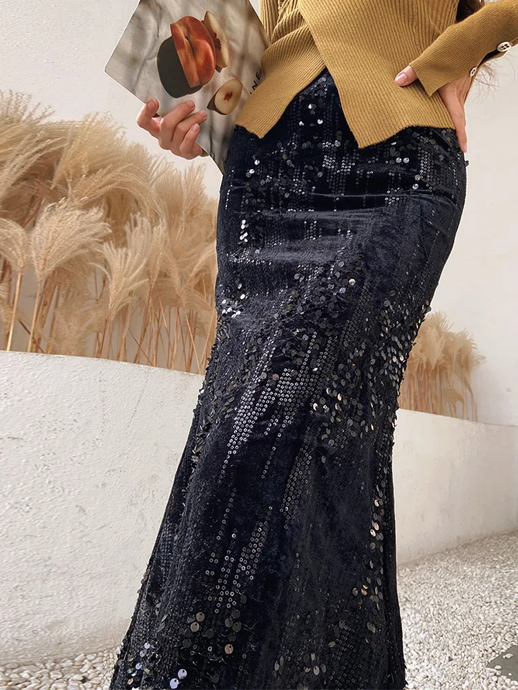 

Dabuwawa Velvet Trumpet Empire Long Slim Skirt Women New Arrival Vintage Sequins Wave Cut Button Christmas Party DM1DSK010