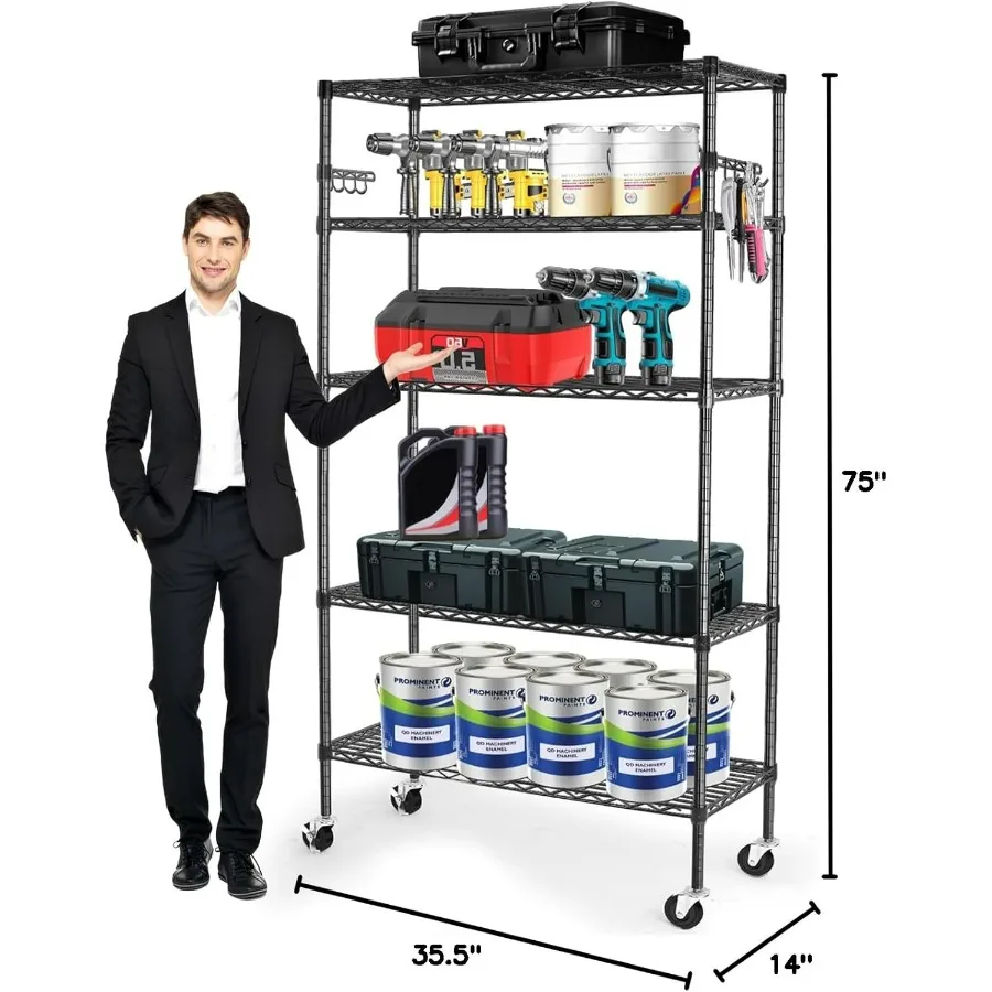 أرفف تخزين، وحدة رفوف معدنية شديدة التحمل بوزن 175 رطل مع عجلات و8 خطافات، رف سلك جراج قابل للتعديل للمجموعة