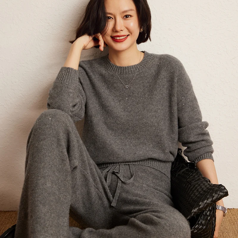 Autumn Winter High Quality Fashion Suit 100% Cashmere Knit Sweater Women Pullover And Wide Leg Pants Two-Piece Female Girl Cloth