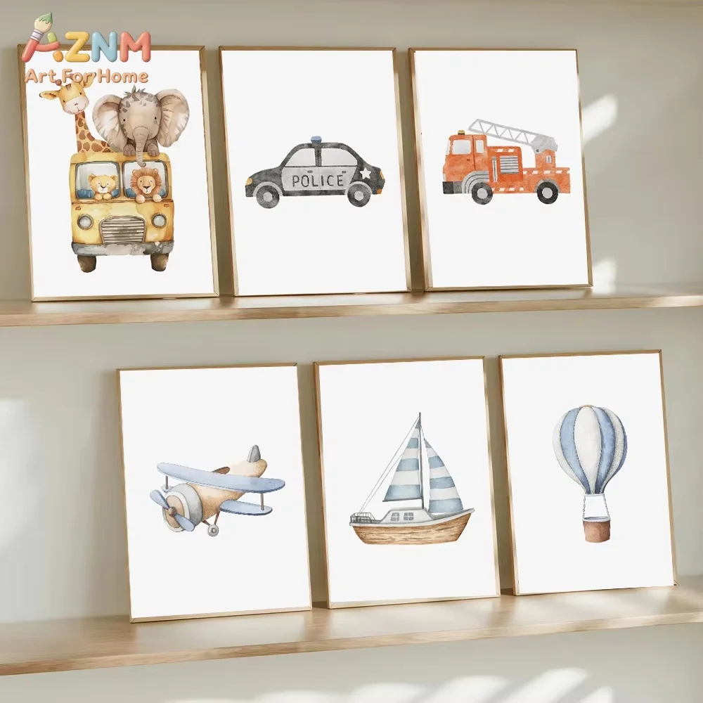 Watercolor Vehicle Transportation Art Car Plane Train Boat Hot Air Balloon Poster Canvas Painting Print Boy Nursery Home Decor