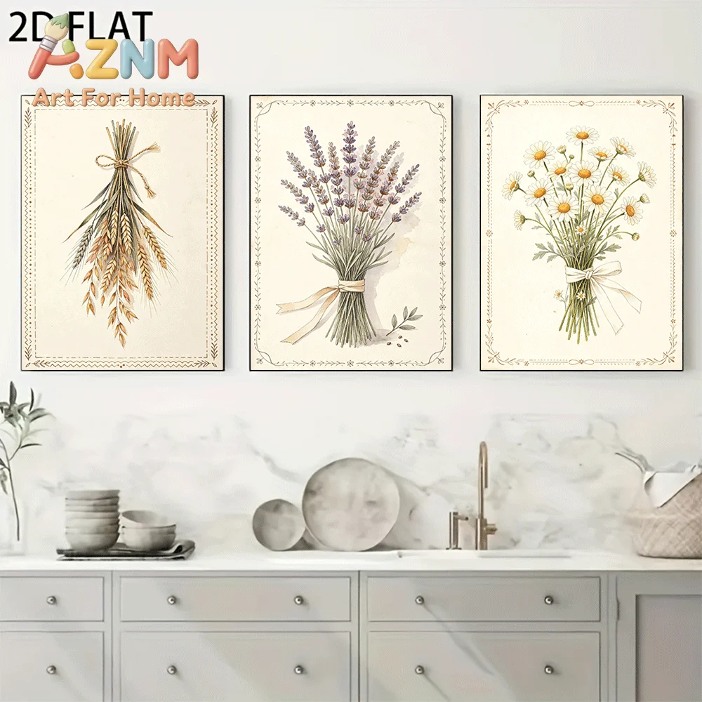 AZNM Frameless Canvas Wall Art, Vintage Watercolor Wheat Lavender Daisy Bouquet Print, Retro Botanical Flower Art Poster for Liv