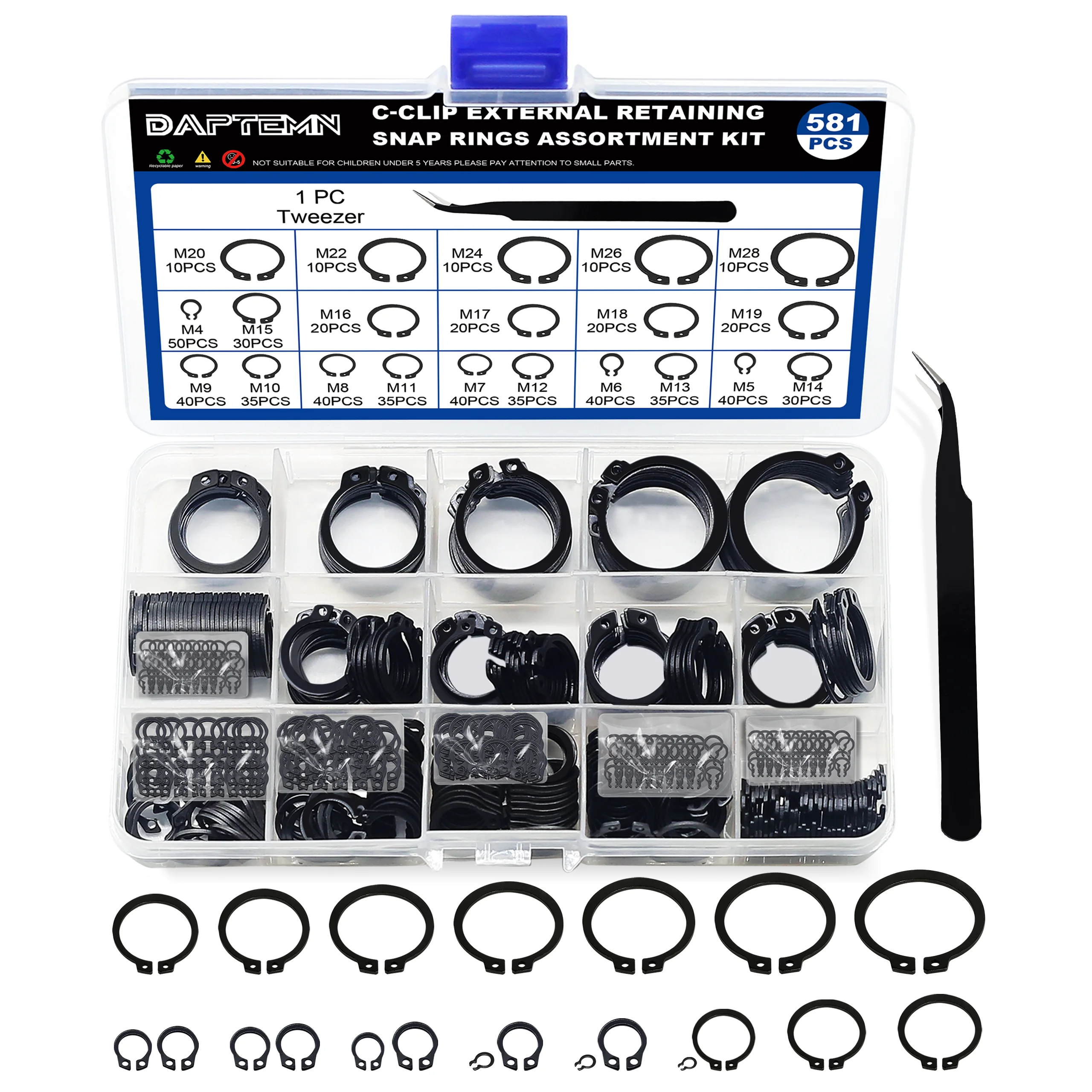 External Retaining Rings Assortment Kit, 581PCS Circlip Snap Retaining C-Clips Black Alloy Steel Rings, Includes Sizes of M4-M28