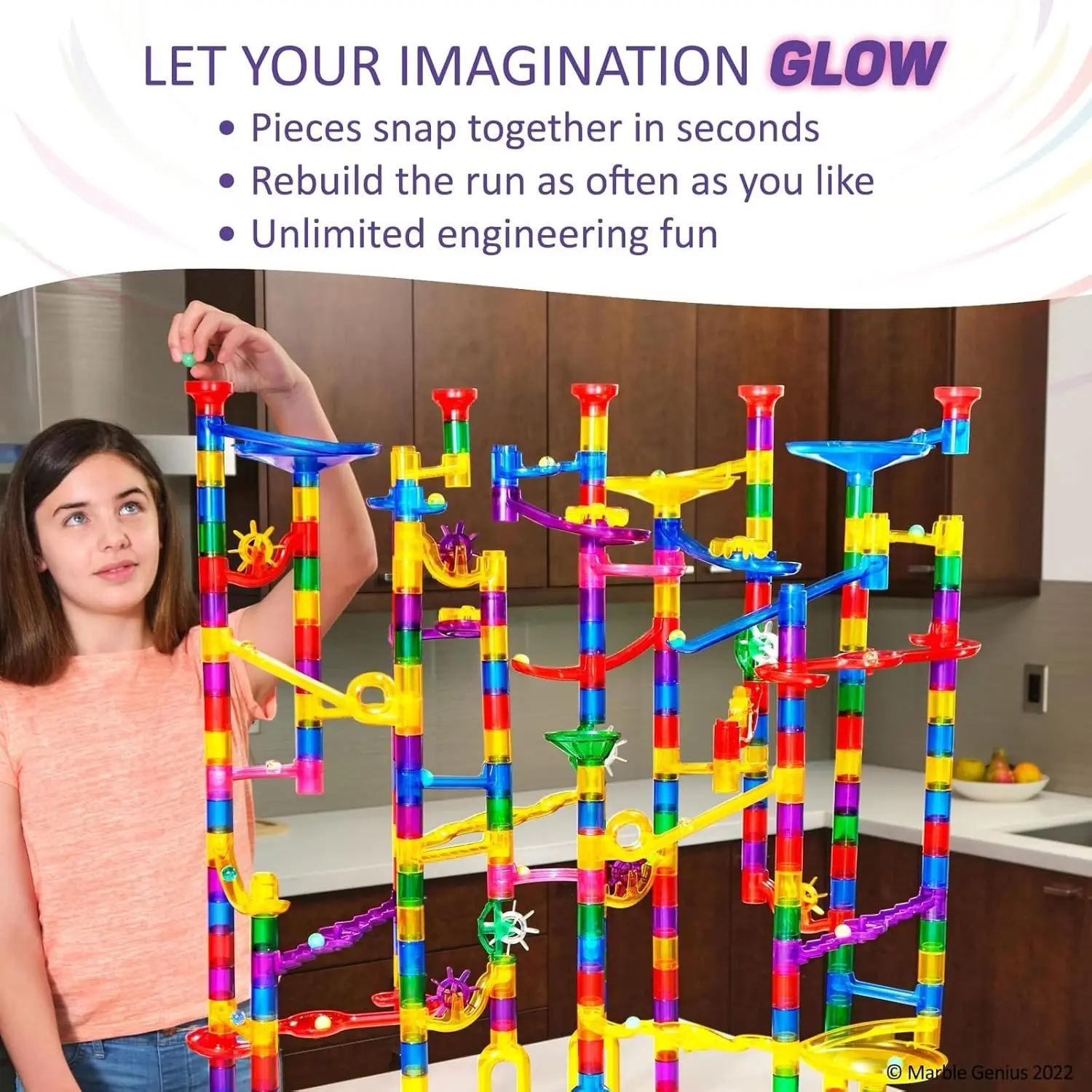 300 pcs Glow Marble Run Track Race Extreme Set for Kids Age 4+, Glow in The Dark, STEM Educational Building Block, Color Instruc