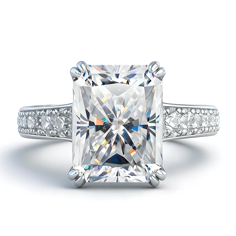 

S925 Rhodium Plated Silver 4CT D Color Radiant & Emerald Cut Moissanite 8x10mm Rectangle Ring for Women, Exquisite Jewelry