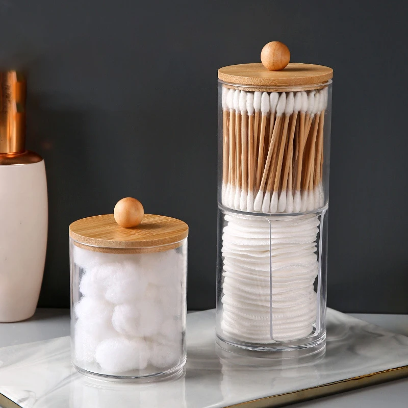 1 Pcs Cotton Swab Organizer Storage Bamboo Cover Acrylic Round Organizer Makeup Storage Box Container Organizadores