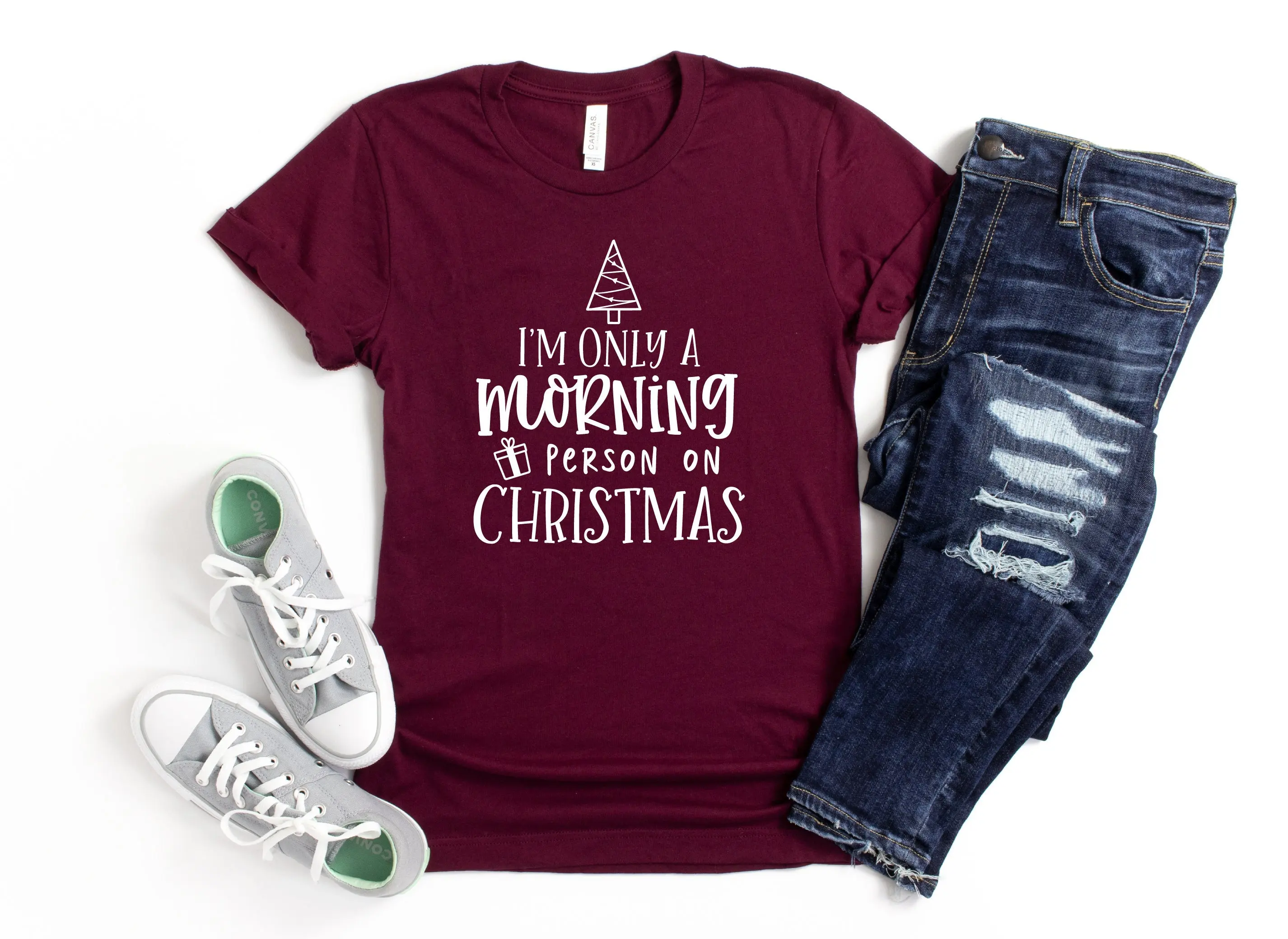 I'm only morning person on christmas shirt T Santa Merry Family Holiday