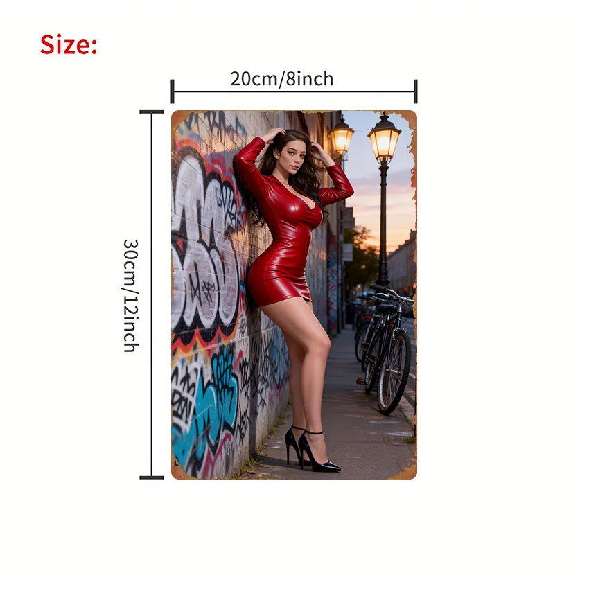 2D Flat Metal Sign - Fashion Street Red Leather Dress High Heels Graffiti Wall Art 8x12in for Farmhouse Party Home Kitchen Decor