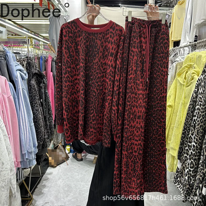 

High Street Spring Autumn Women Sets Hot Drilling Leopard Long Sleeve Hoodie Pullover Top + Elastic Waist Loose Straight Pants