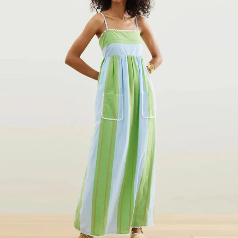 Abito lungo da spiaggia con tasca verde con spalle scoperte Abito estivo plissettato senza maniche casual Abbigliamento da donna Abito da vacanza stampato a righe