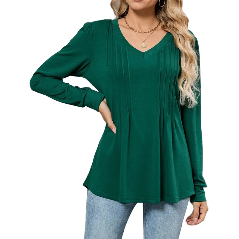 

Women's Puff Long Sleeve Shirts Pleated V Neck Fall Tunic Tops Blouse Dressy Casual Loose Summer T-Shirts