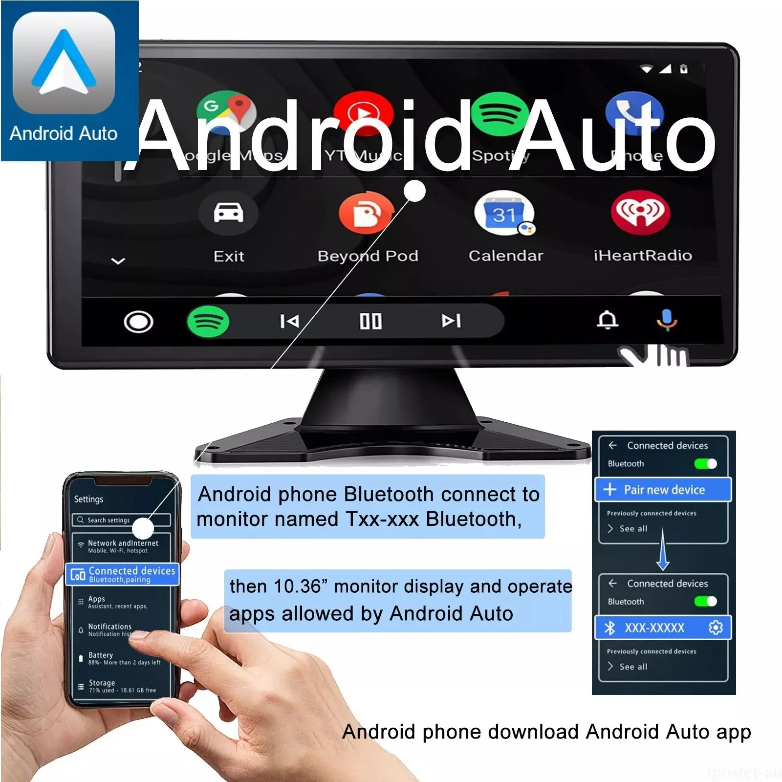 Lastbus 10.36" Wireless Apple CarPlay Quad Split Monitor Touchscreen 4K + Car Stereo Reverse Waterproof Camera For RV Truck - Image 2