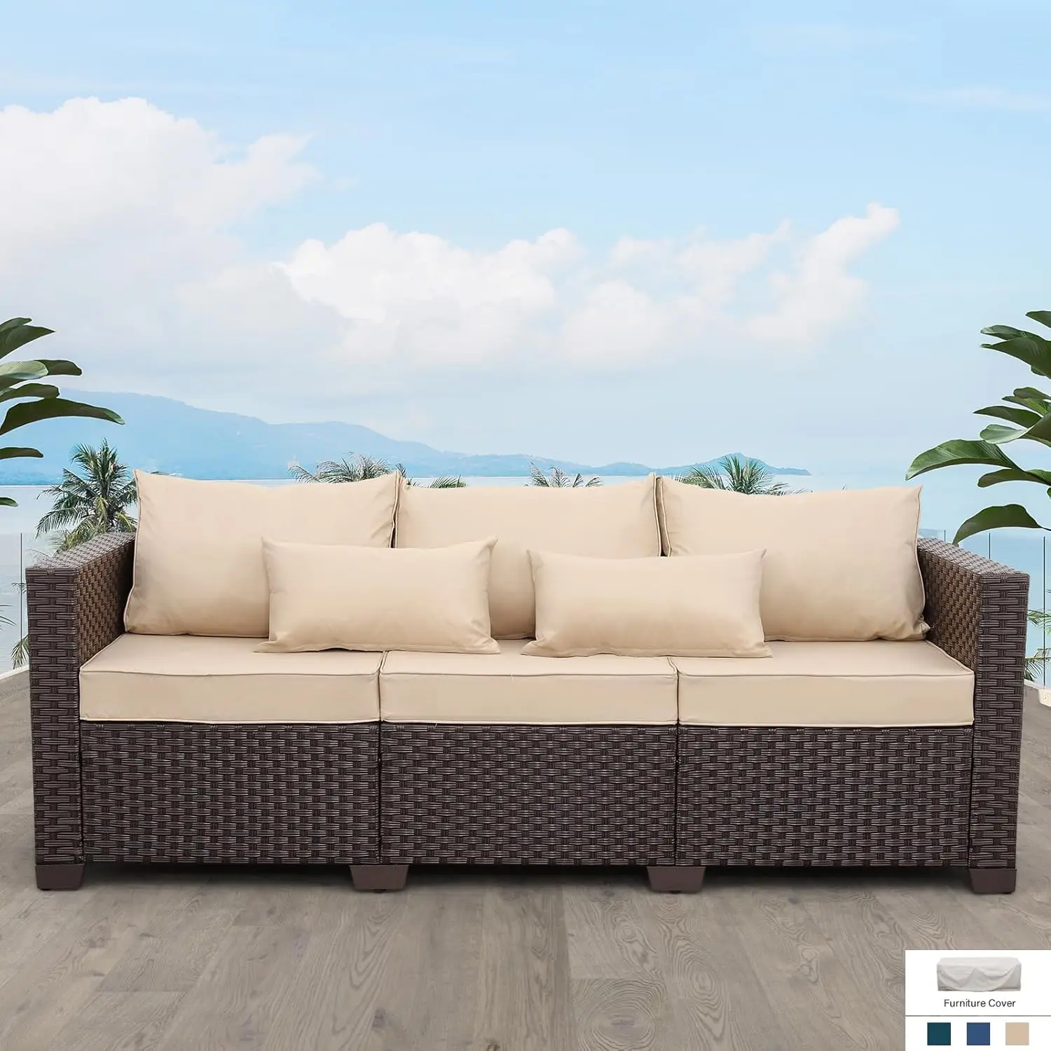 

Outdoor Patio Furniture Outdoor Couch 3 Seater Sofa Outdoor Brown Wicker Sofa Deep Seat High Backrest Patio Couch