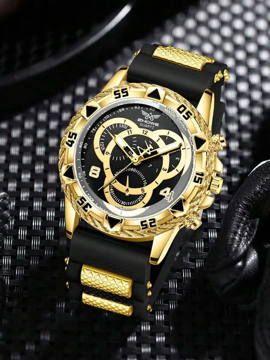 

Мужские кварцевые часы с хронографом и черным силиконовым ремешком золотистого цвета