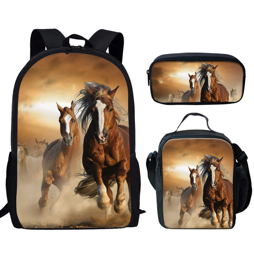 Running Wild Horse Pattern 3 Pcs School Bags Set for Teen Boys Girls School Bag Backpack Casual School Bag Lunch Bag Pencil Case